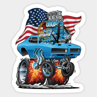 Patriotic Sixties American Muscle Car with USA Flag Cartoon Sticker